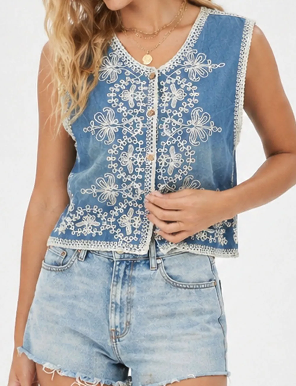 Rhinestone Embroidery Button Front Denim Vest
