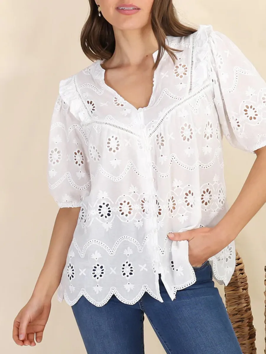 Short sleeve Bohemian embroidered cut-out blouse