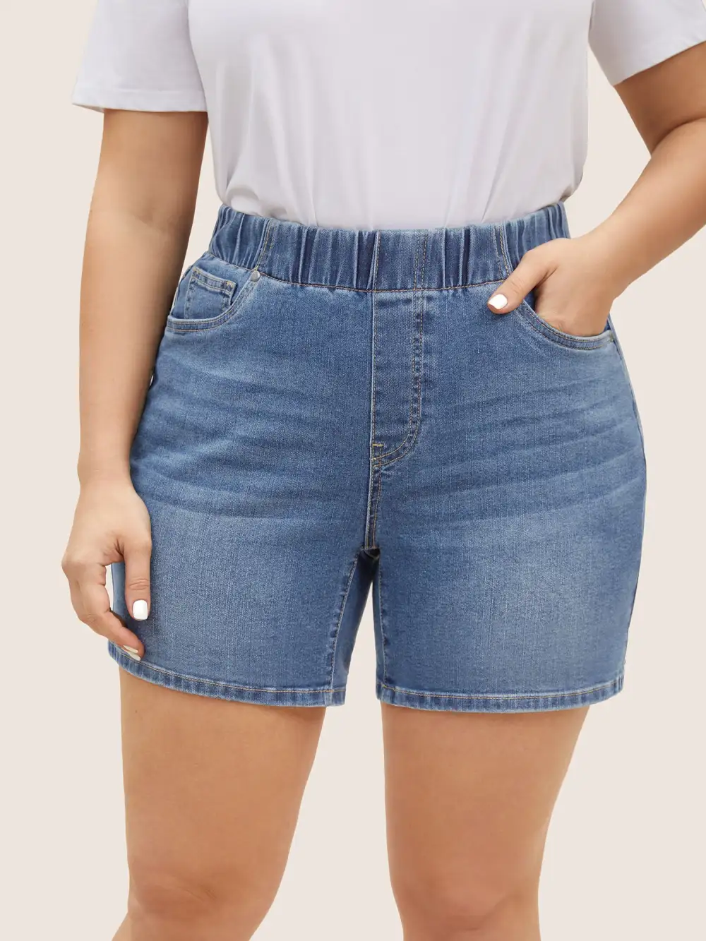 Dark Wash Elastic Waist Roll Hem Denim Shorts