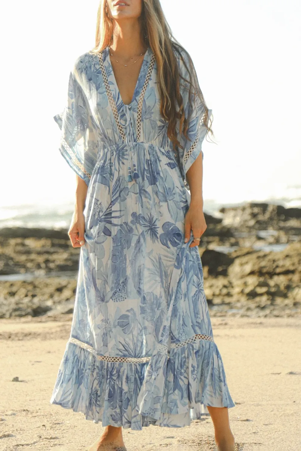 Blue And White Tropical Print V Neck Maxi Dress