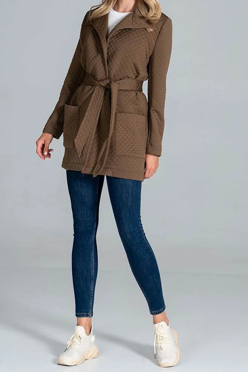 Short Quilted Belted Coat With Collar And Patch Pockets