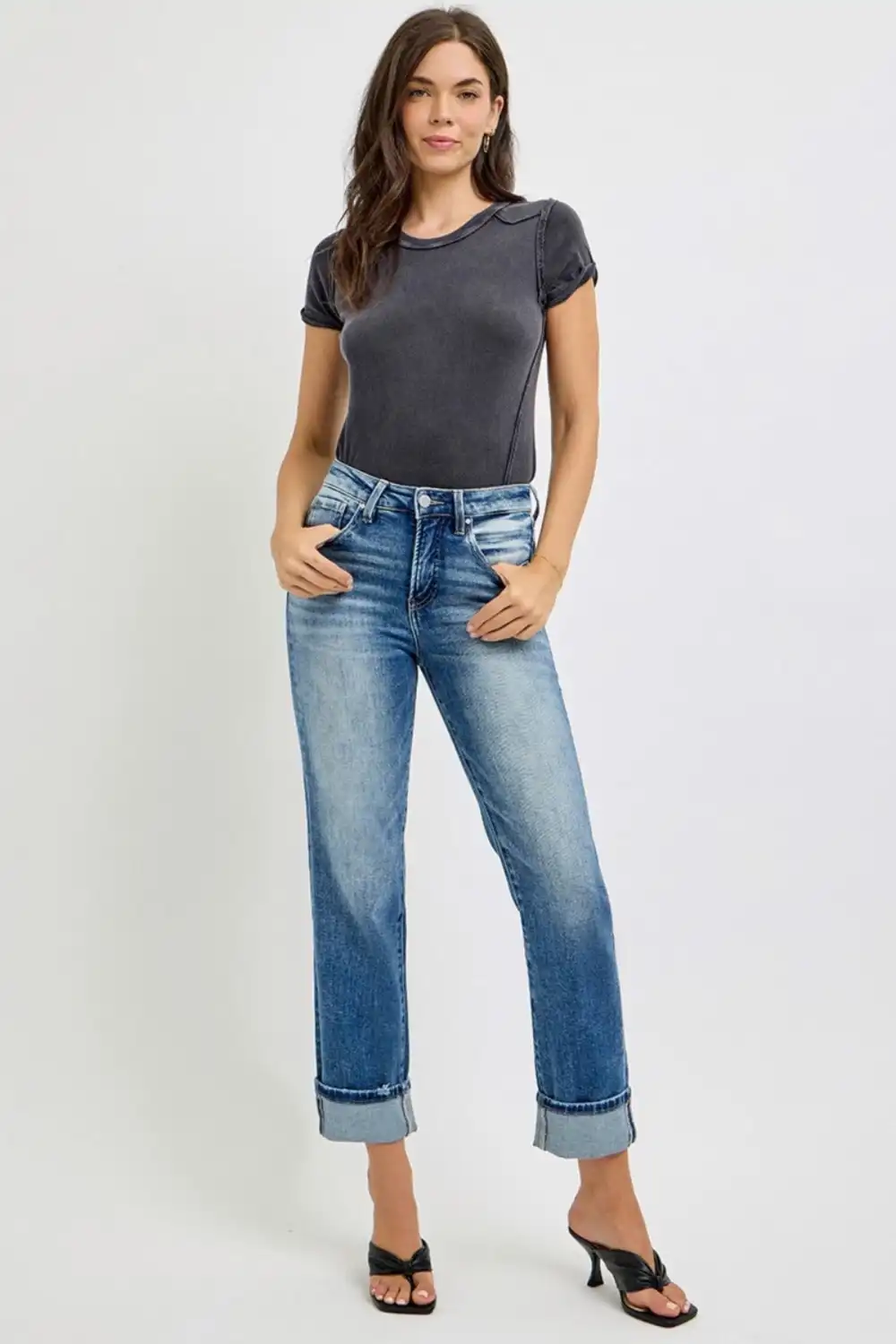 ??GYPSY-RISEN-High Rise Crop Straight Roll Up Jeans