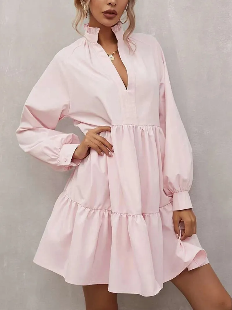 Pink Frilled Stand Collar Long Sleeve Ruffle Dress