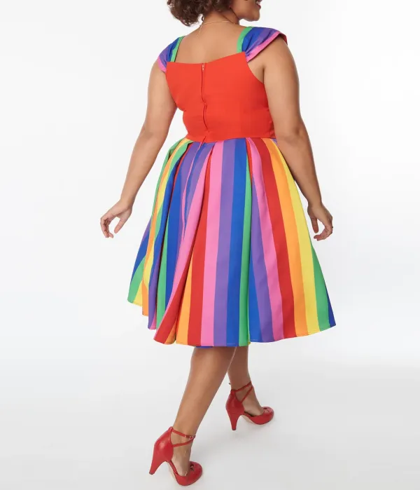 Unique Vintage Plus Size Red & Rainbow Stripe Swing Dress