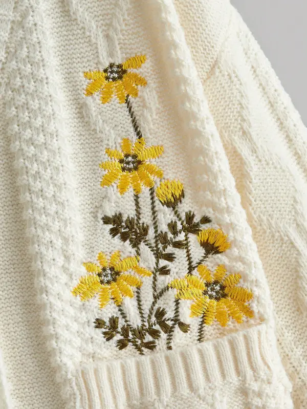 Button-Front Floral Embroidered Collegiate Cardigan