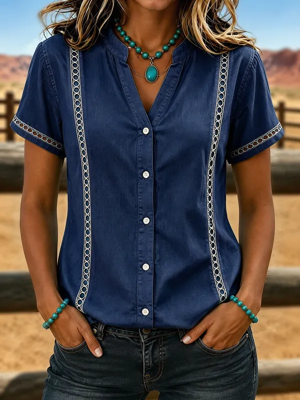 Women's Retro Hollow Out Lace Trim Button Down Western Denim Blouse