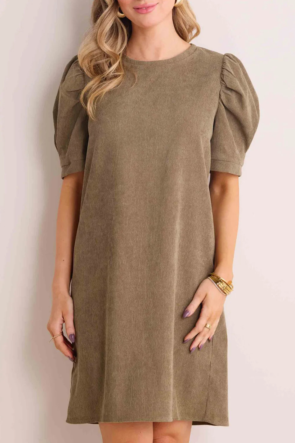 Khaki Puff Sleeve Shift Dress