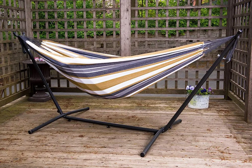 Double Cotton Hammock with Space Saving Steel Stand, Tropical (450 lb Capacity - Premium Carry Bag Included)