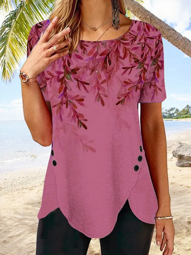 Button irregular hem gradient Flower Top T-shirt tunic