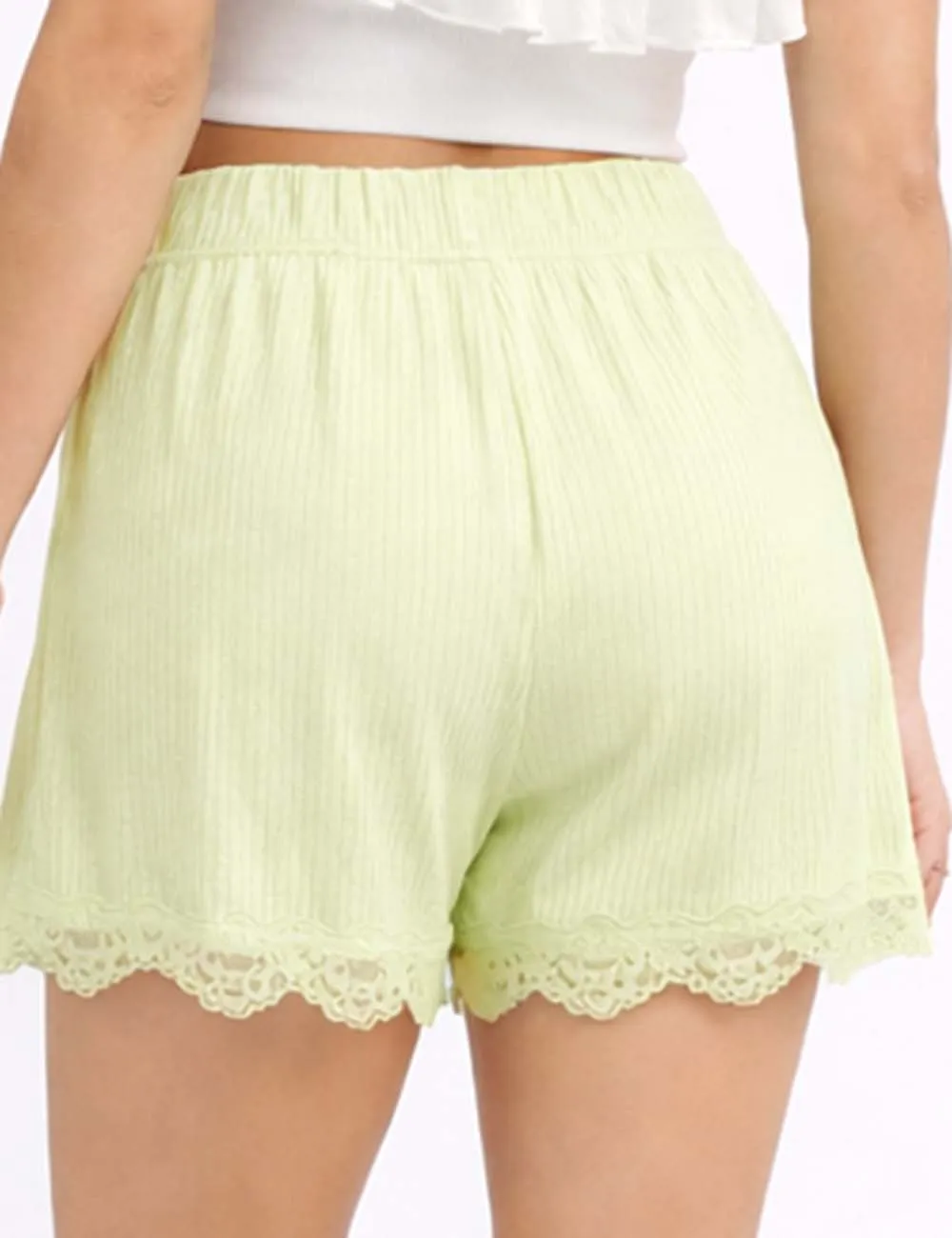 Ribbed Knit Elastic Waist Lace Trim Wide Leg Shorts