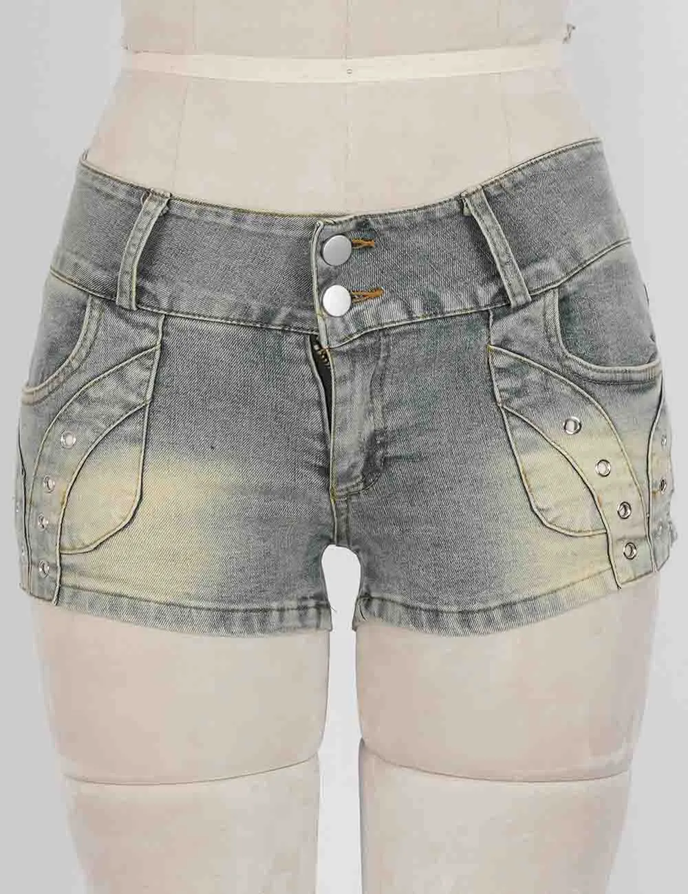 Metal Eyelet Solid Color Denim Shorts