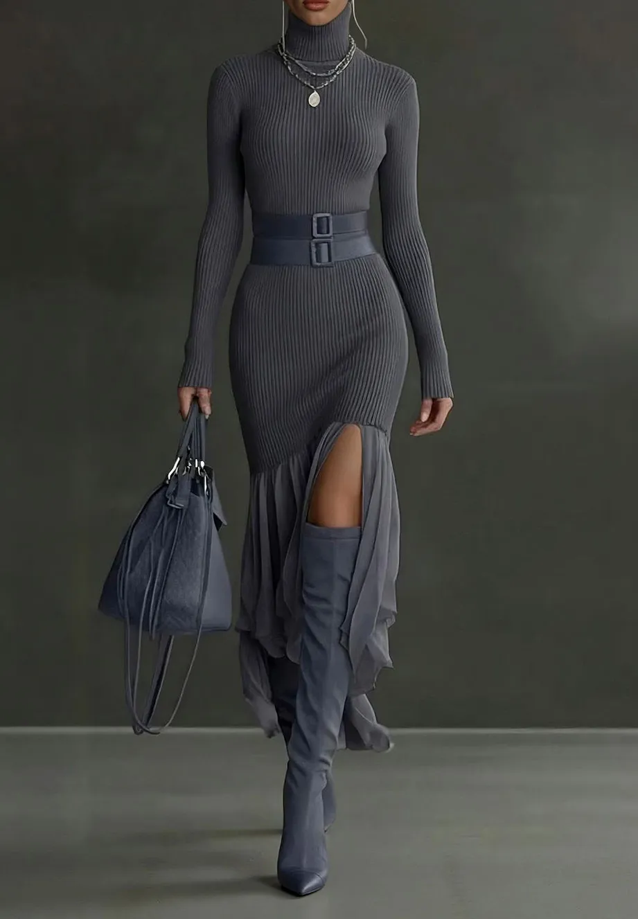 Elegant Asymmetrical Ruffled Knit Shirt Midi Dress