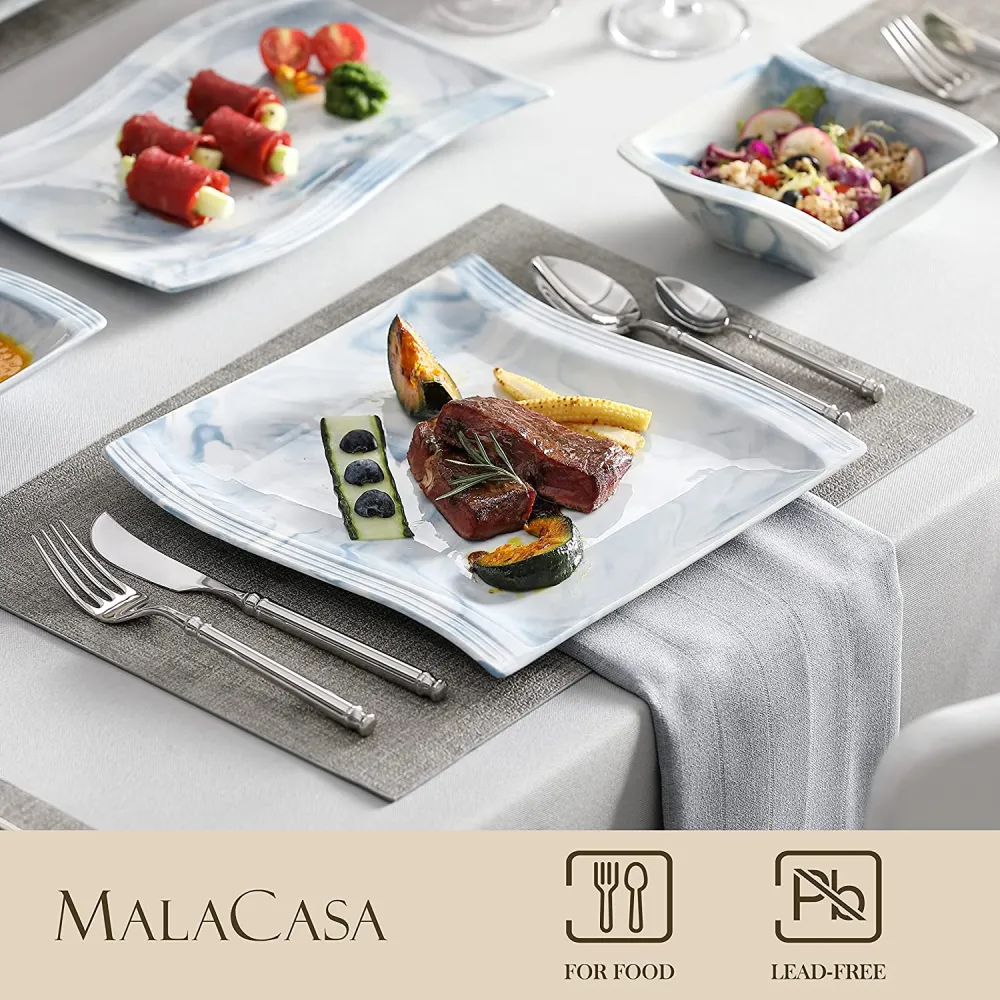 MALACASA Ivory White Dinnerware Sets, 60-Piece Square Dish Set for 12, Porcelain Dishes with Dinner Plates, Dessert Plates and Soup Plates, Cups and Saucers, Modern Dinnerware Oven Safe, Series Flora