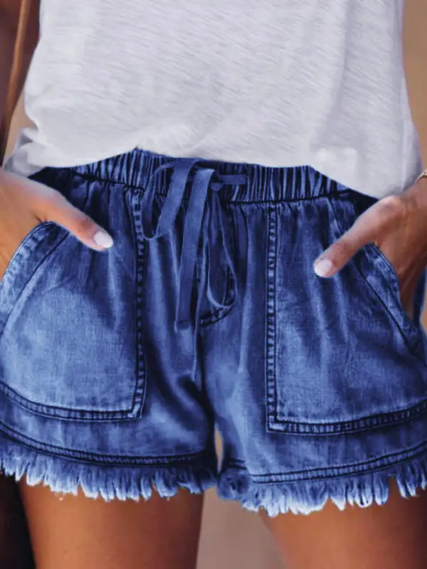 Kleuren Casual Denim Shorts Met Trekkoord En Hoge