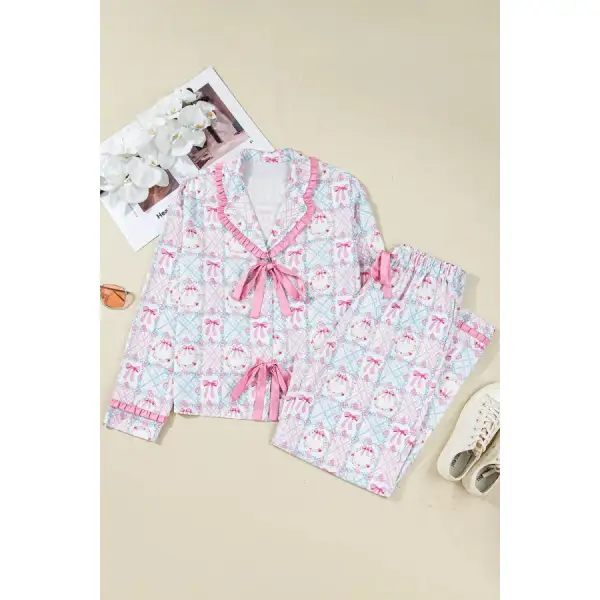 Wreath Pattern Christmas Tied Front Long Sleeve Pcs Pajama Set