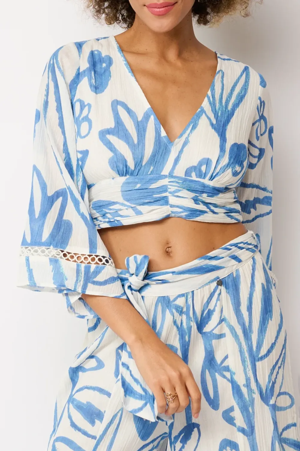 Blue And White Abstract Print Wrap Crop Top