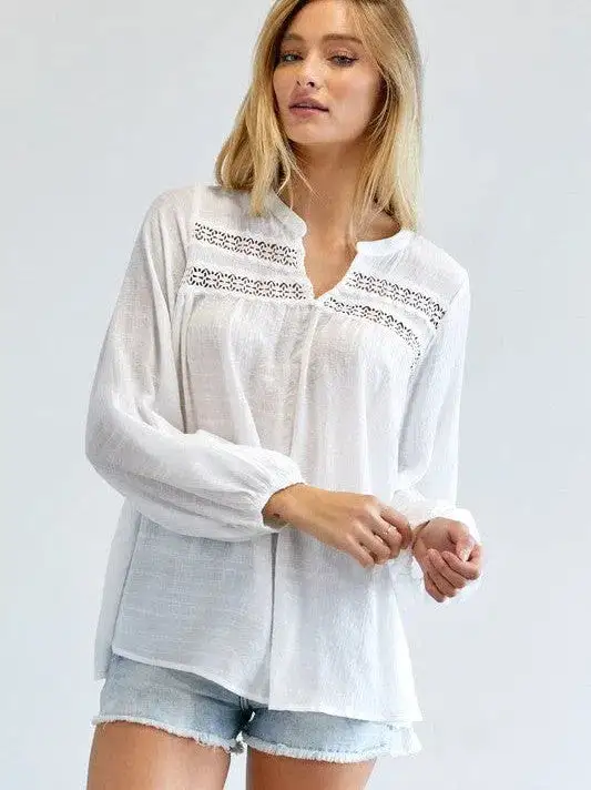 Joy in the Little Things V-cut Long Sleeve Casual White Blouse