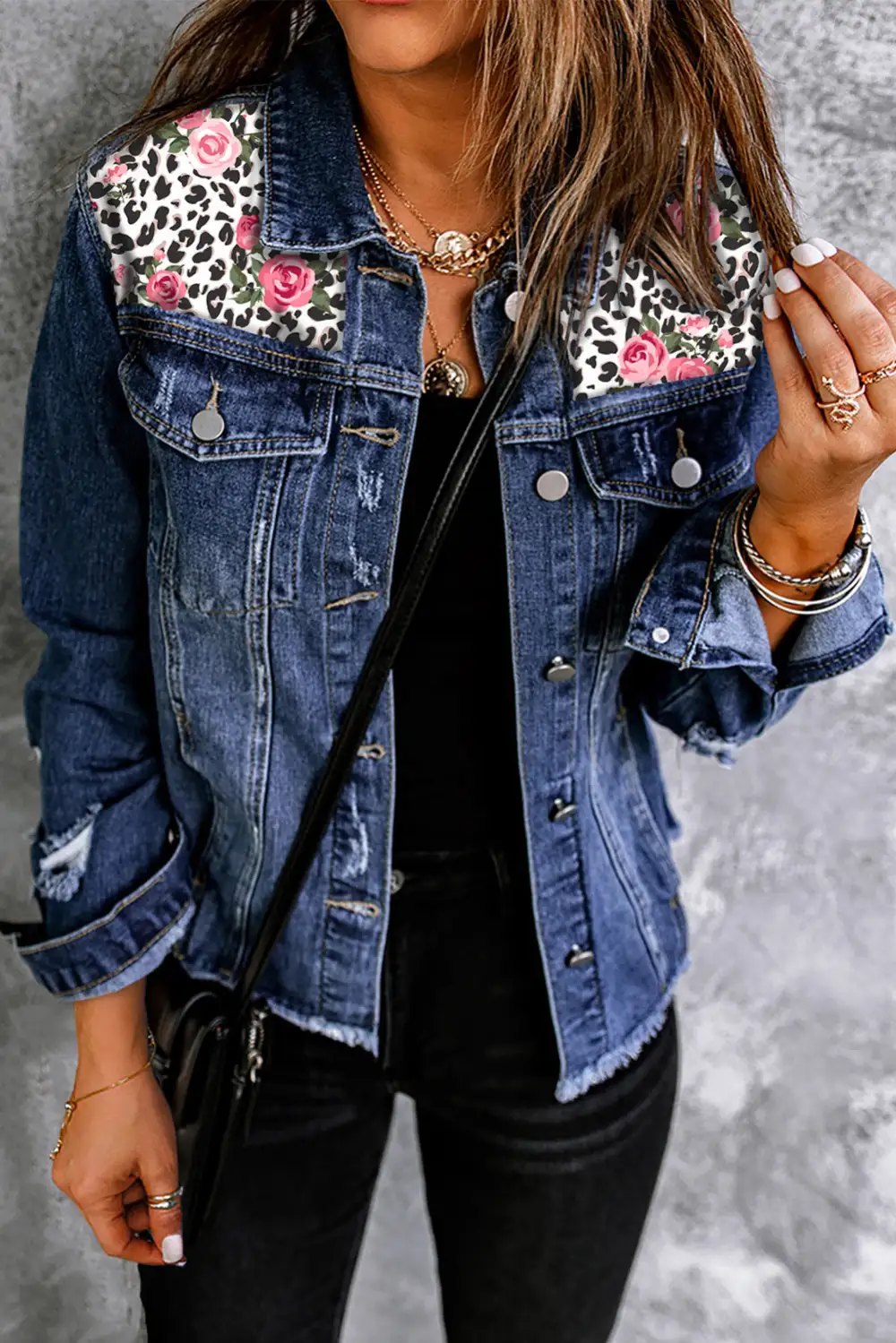 Mixed Print Distressed Button-front Denim Jacket