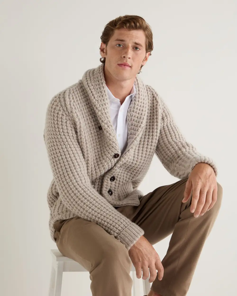 Men's Textured Kensington Cashmere Cardigan Sand Brown PRE-ORDER