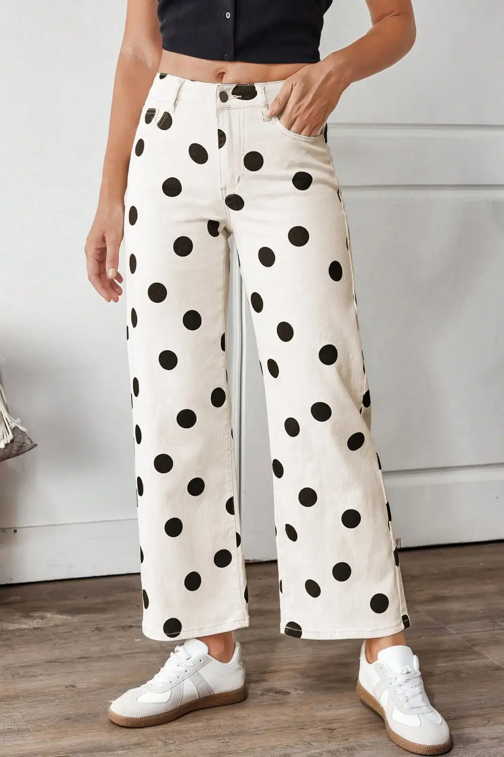 Wide Leg Print Polka Dot Ankle-length Jeans