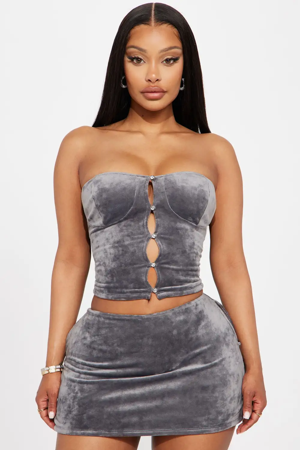 Tia Velour Micro Mini Skirt Set - Grey