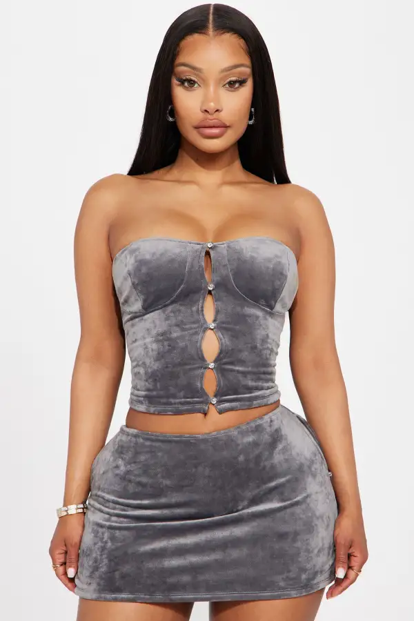 Tia Velour Micro Mini Skirt Set - Grey