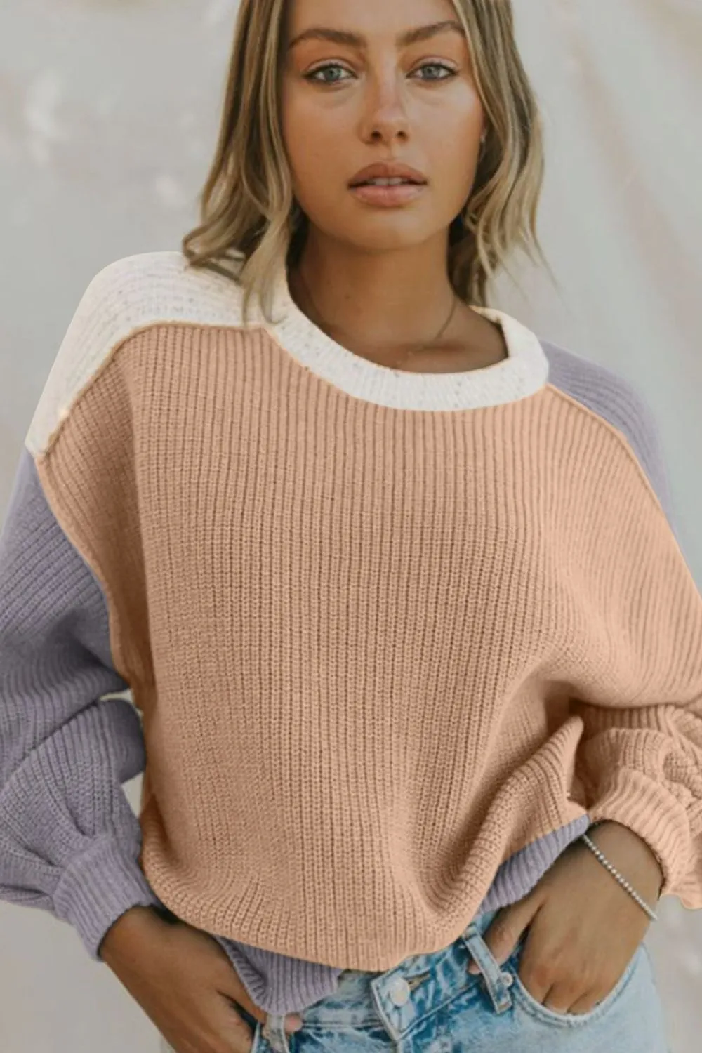 Color Block Round Neck Drop Shoulder Sweater - Ships 11/29