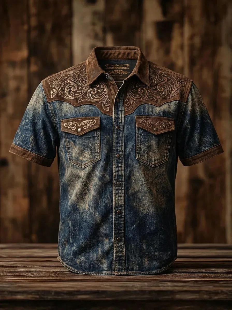 Men's Western Style Floral Tooled Leather Print Denim Shirt