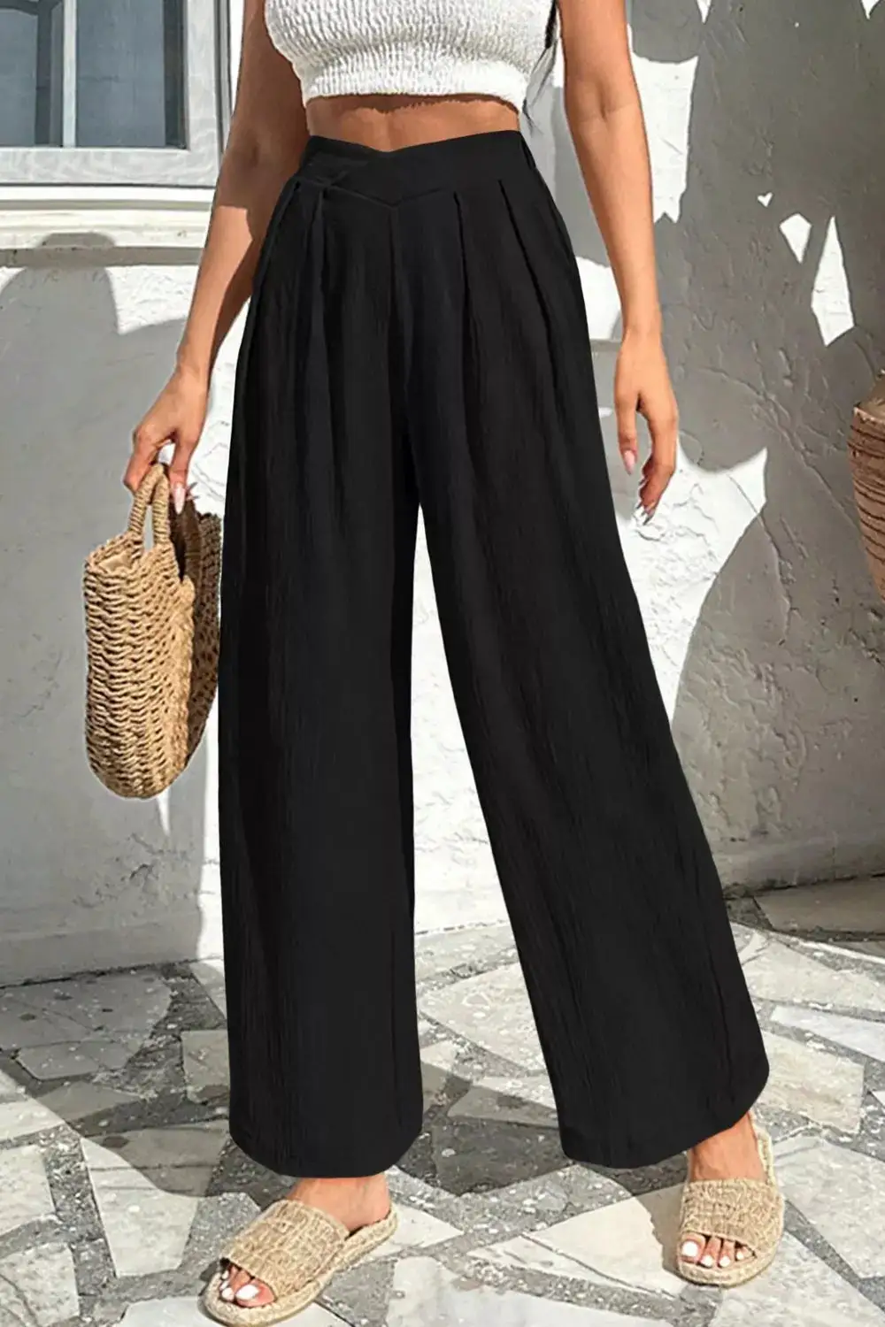 Solid Textured Crossed Waist Loose Pants