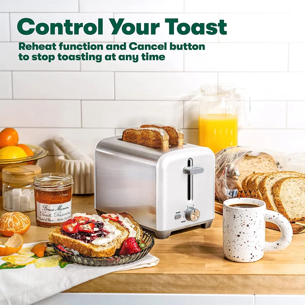 2 Slice Toaster with Extra Wide Slots & Removable Crumb Tray - 6 Browning Options, Auto Shut Off & Reheat Function - Toast Bread, Bagel & Waffle