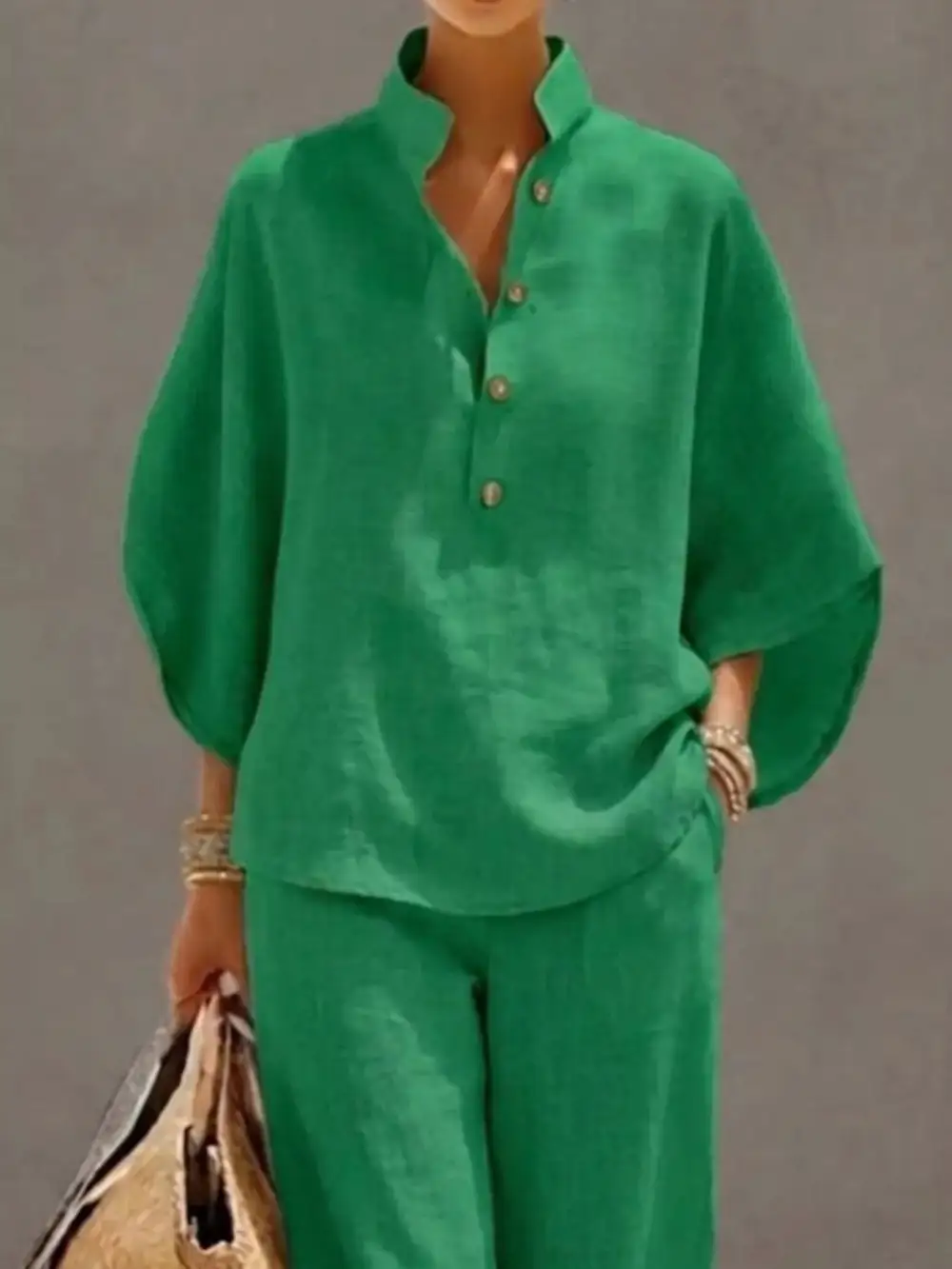 Button Detail Sleeve Top and Pants Set