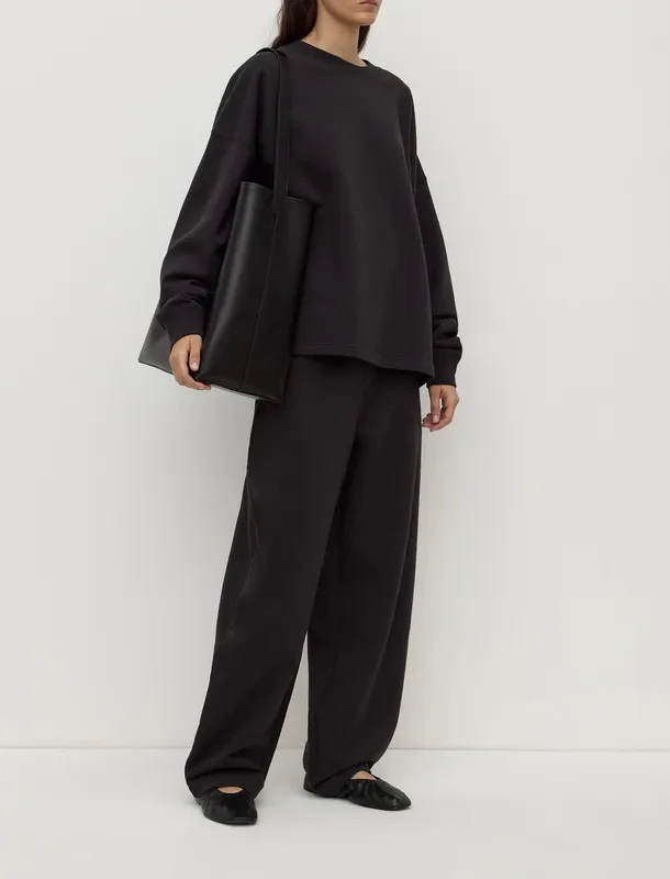 Washed Black Brushed Cotton Barrel-Leg Lounge Pant
