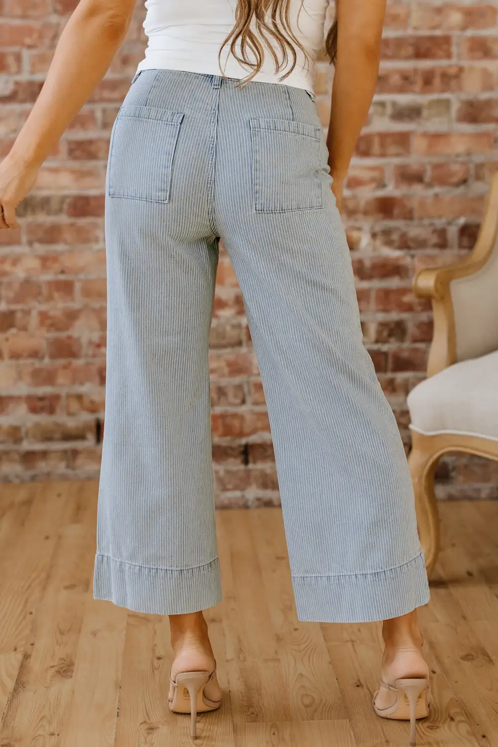 Stripe Button Flap Pocket Cuffed Hem Wide Leg Jeans