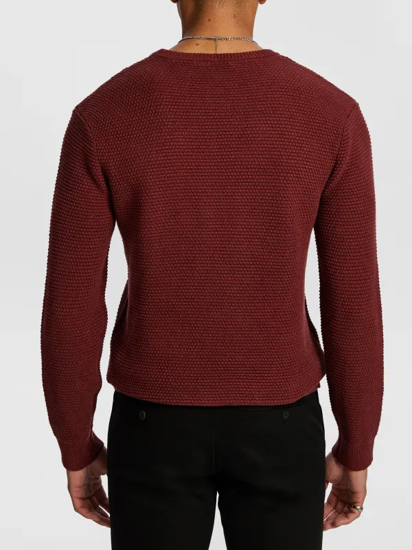 Burgundy Ribbed Crew Neck Knit Sweater