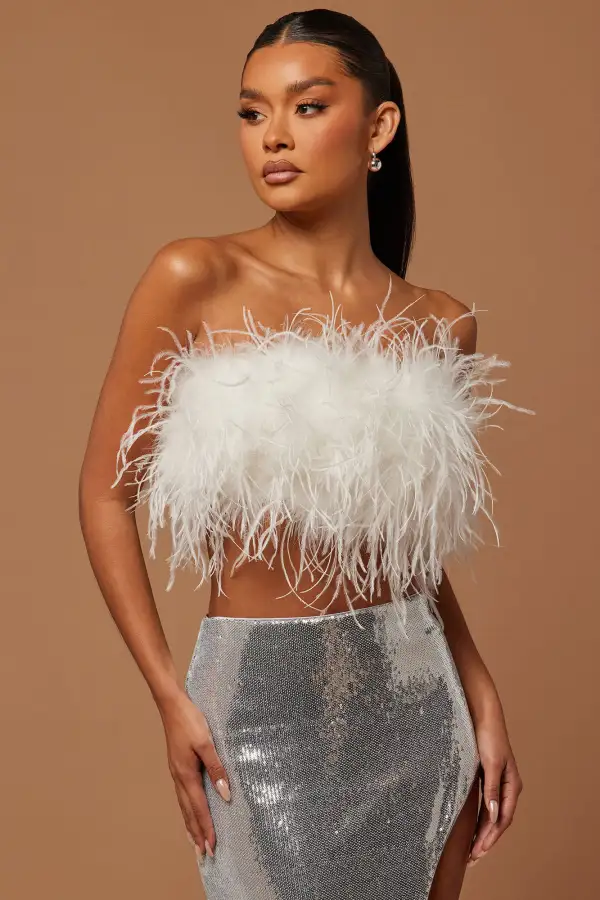 Fiona Feather Sequin Skirt Set - White/Silver