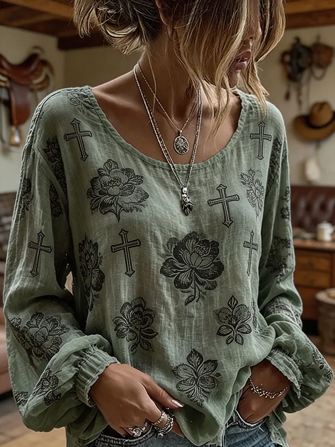 Women's Cross Floral Print Western Long Sleeve Blouse