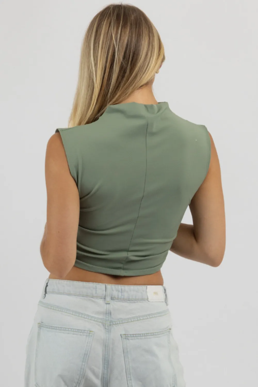 STAPLE SHIRRED SAGE MOCK NECK TOP