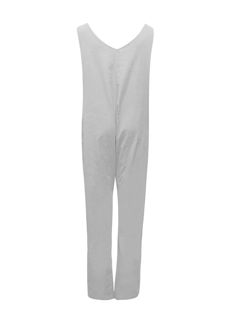 Women's Fashionable Pocket Solid Color Shoulder Strap Pants
