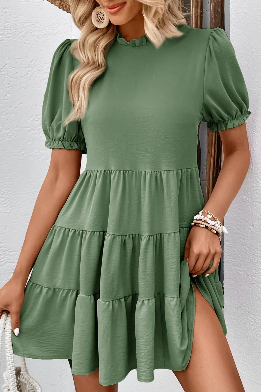 Textured Tie Detail Tiered Dress