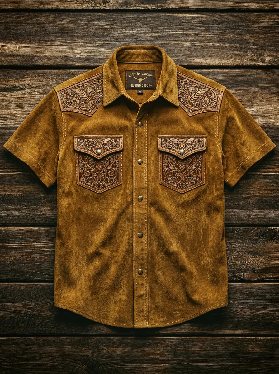 Men's Western Cowboy Floral Tooled Leather Printed Shirt