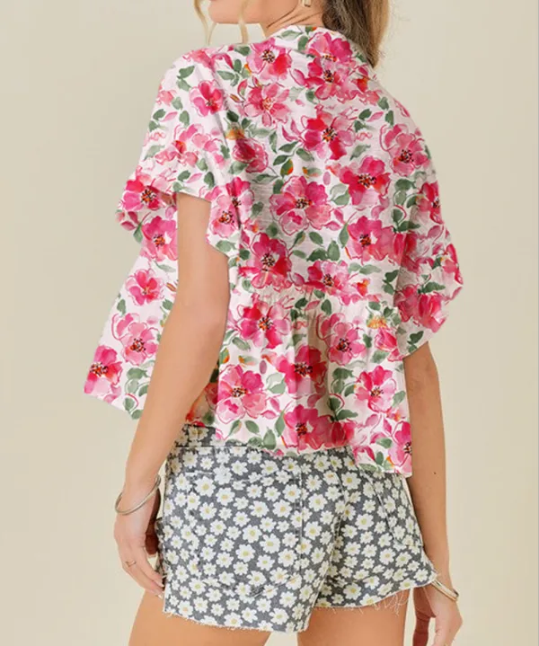 Pink Floral Boxy Fit Ruffled Short Sleeve V Neck Blouse
