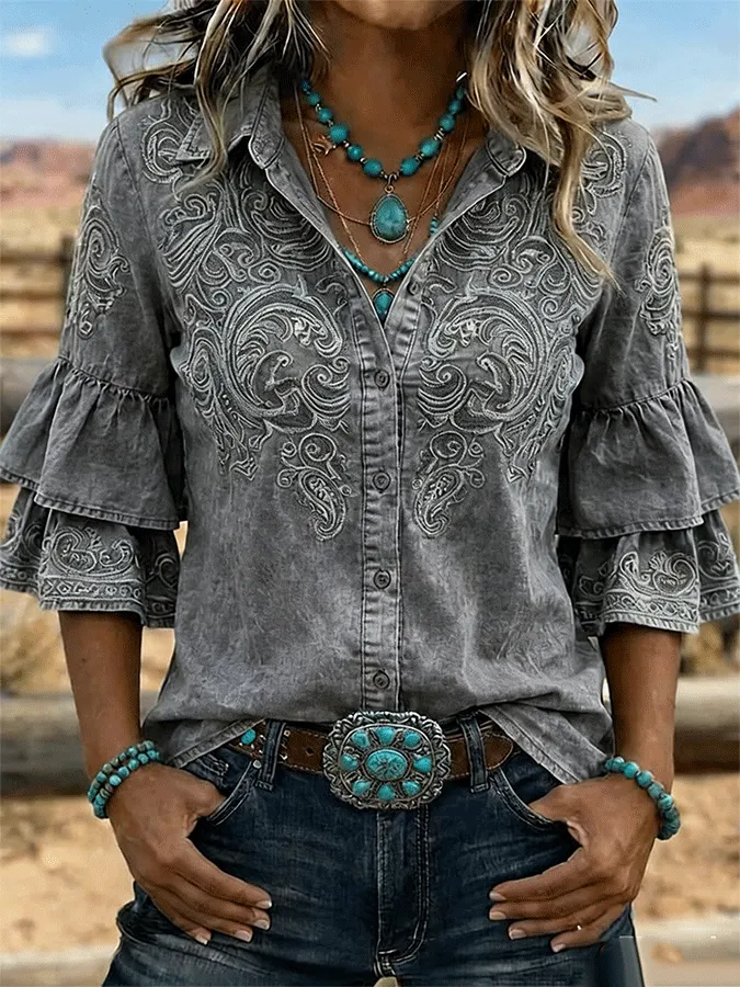 Women's Vintage Floral Print Casual Ruffle Lapel Shirt