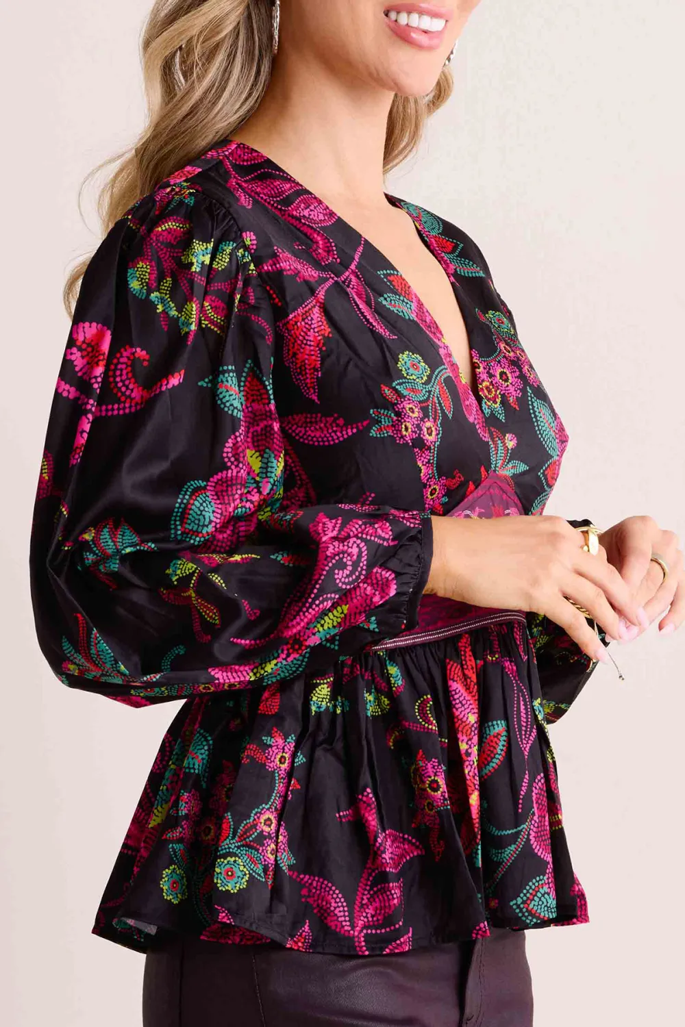 Pink Floral Print V-Neck Peplum Long Sleeve Blouse