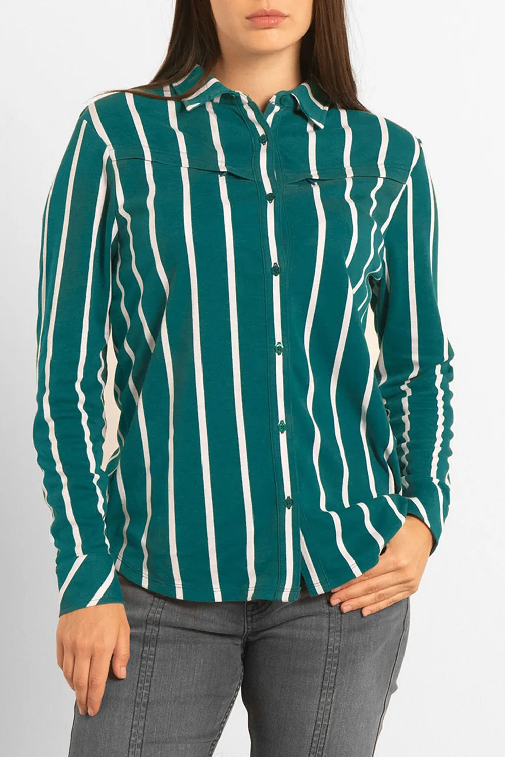 Zipper Chest Pocket Striped Fashion Ladies Shirt