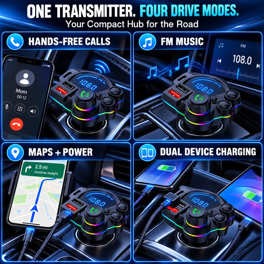 Universal Dual-Port Car FM Bluetooth Transmitter – Wireless Music, Hands-Free Calling & Dual USB Charger