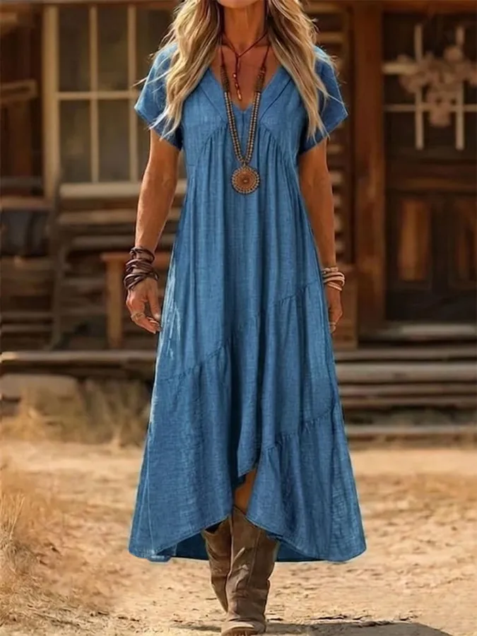 Retro V-neck Spliced Dress Casual Loose Fit Western Style