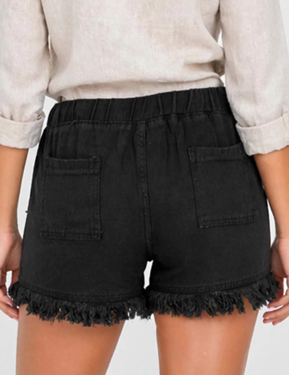 Drawstring Waist Frayed Hem Denim Shorts