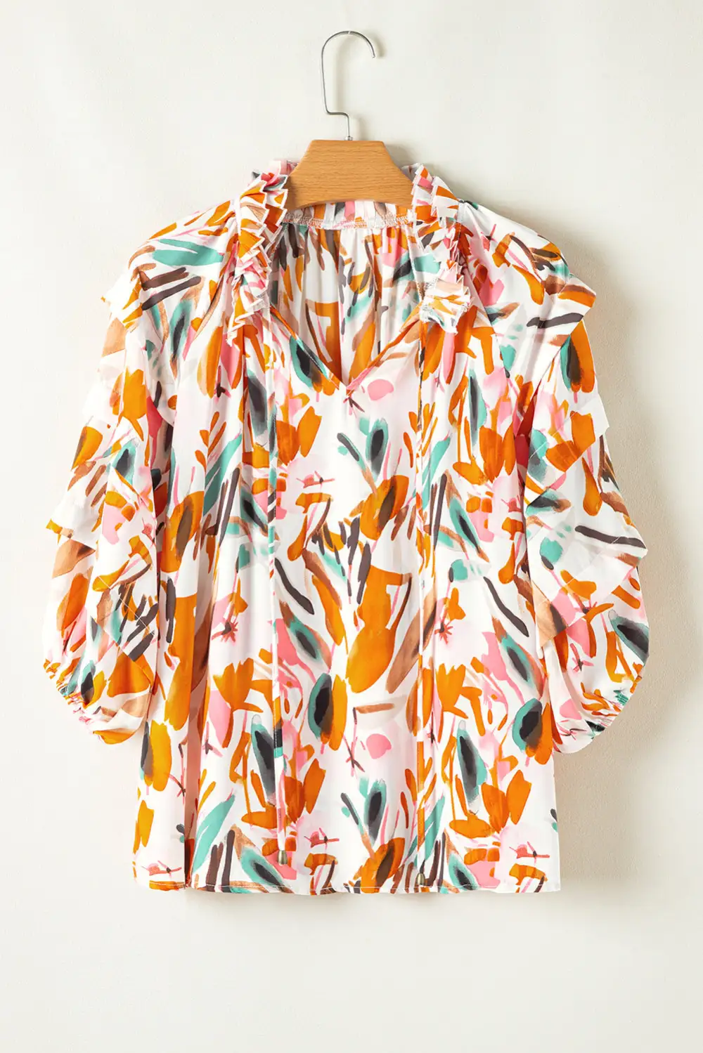 Abstract Print Frilled V-Neck Blouse