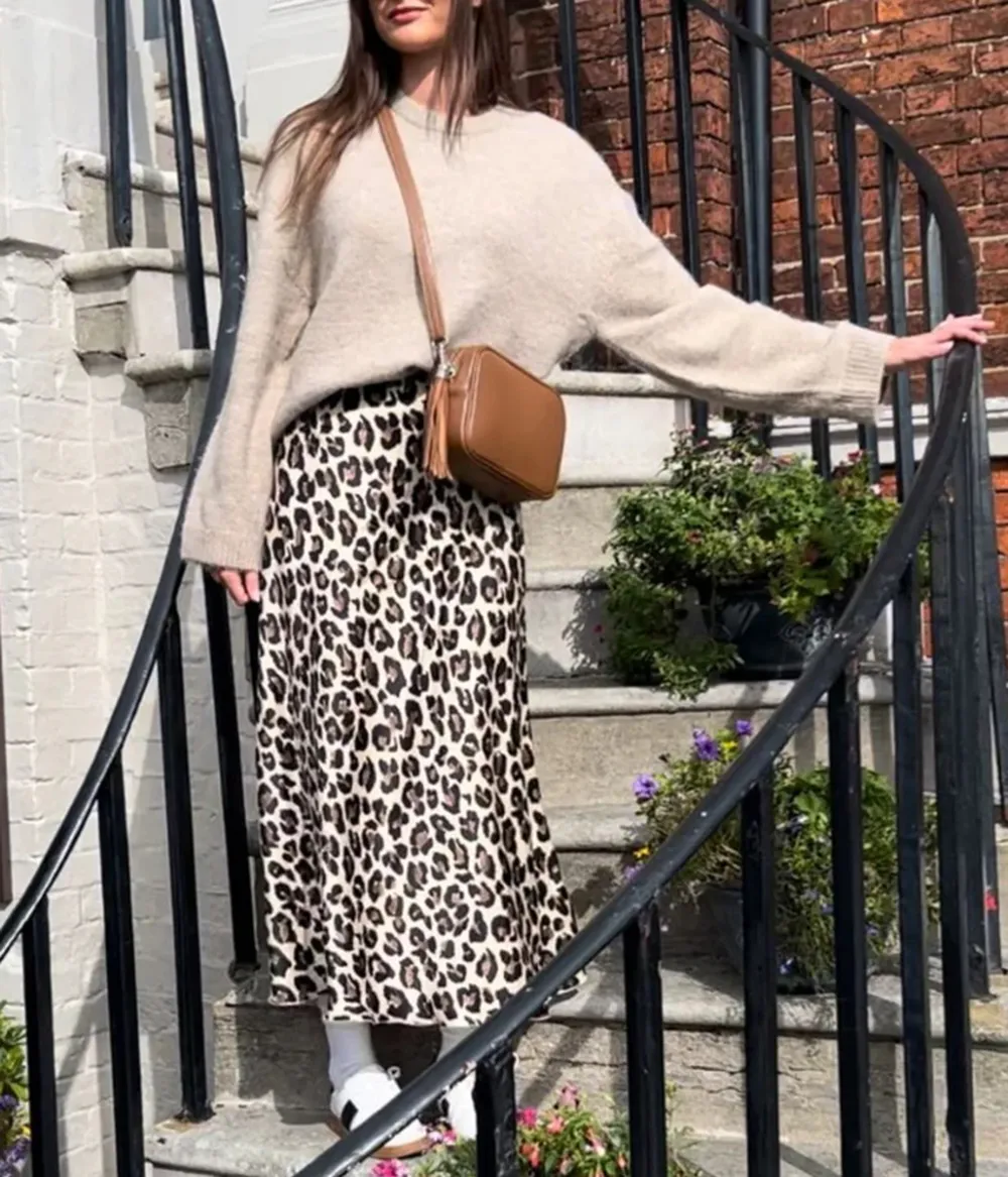 Leopard Print Satin Slip Midi Skirt