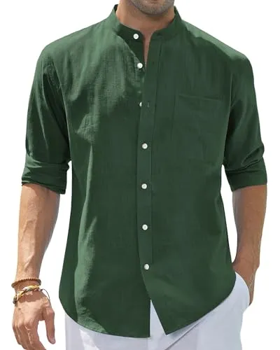 Men's Cotton Linen Long Sleeve Shirts Casual Button Down Banded Collar Shirt Beach Summer Tops with Pocket